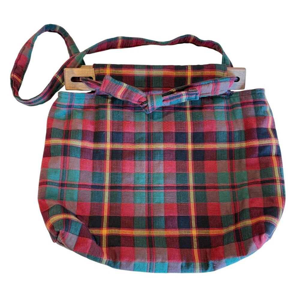 Plaid Shoulder Bag Wood Teak Handles Bow Detail Purse Red Yellow Green